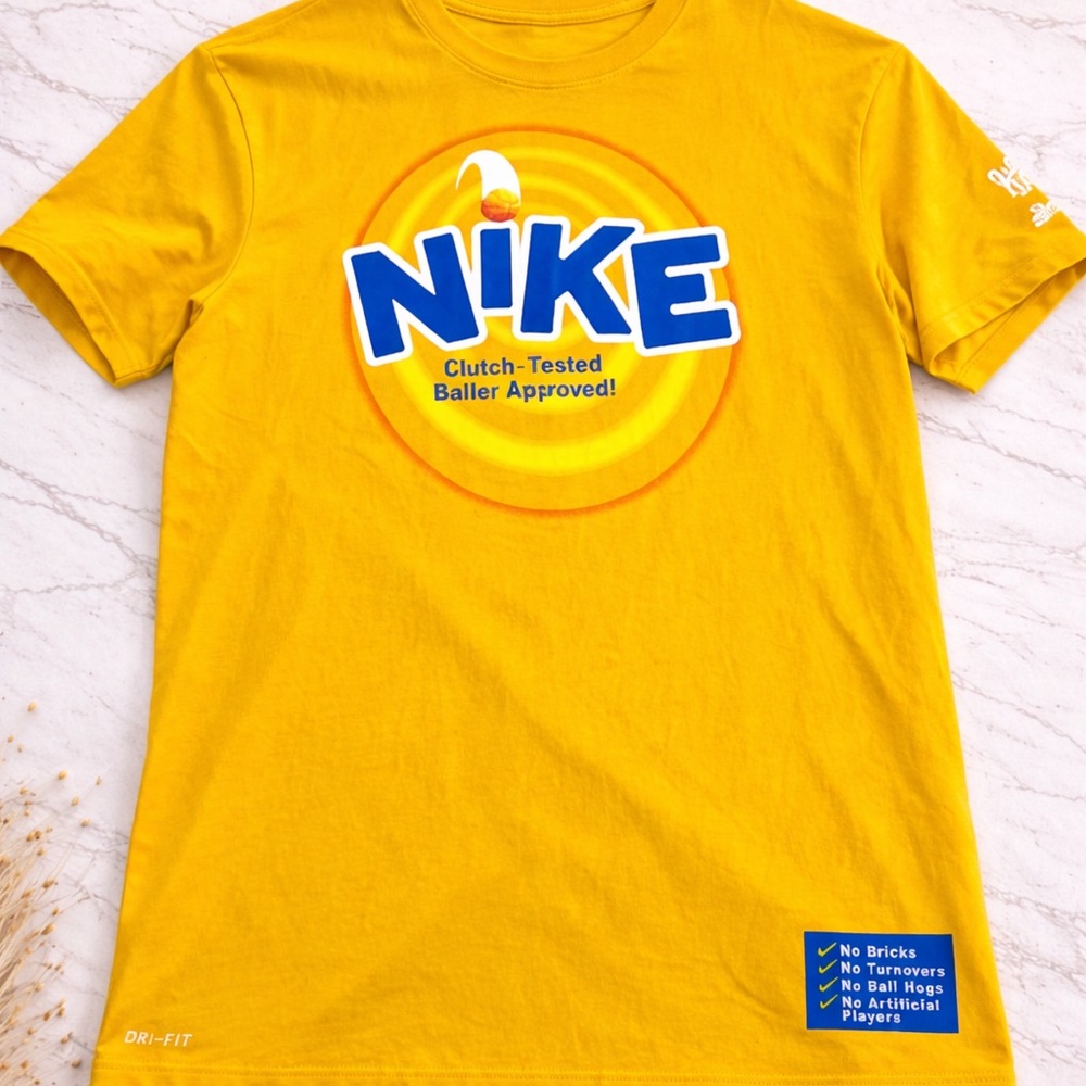 Nike Yellow Tee with Bold Blue Logo size small men’s